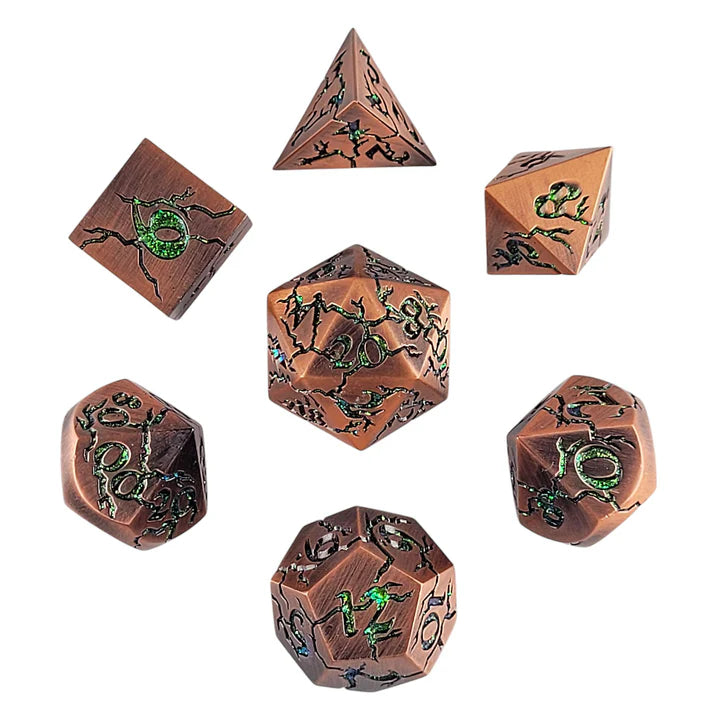 Forged Dice: "Cracked" (Copper/Green) Set of 7 Metal Dice