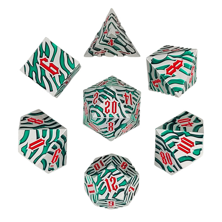 Forged Dice: "Tiger Stripe" (Silver/Green) Set of 7 Metal Dice