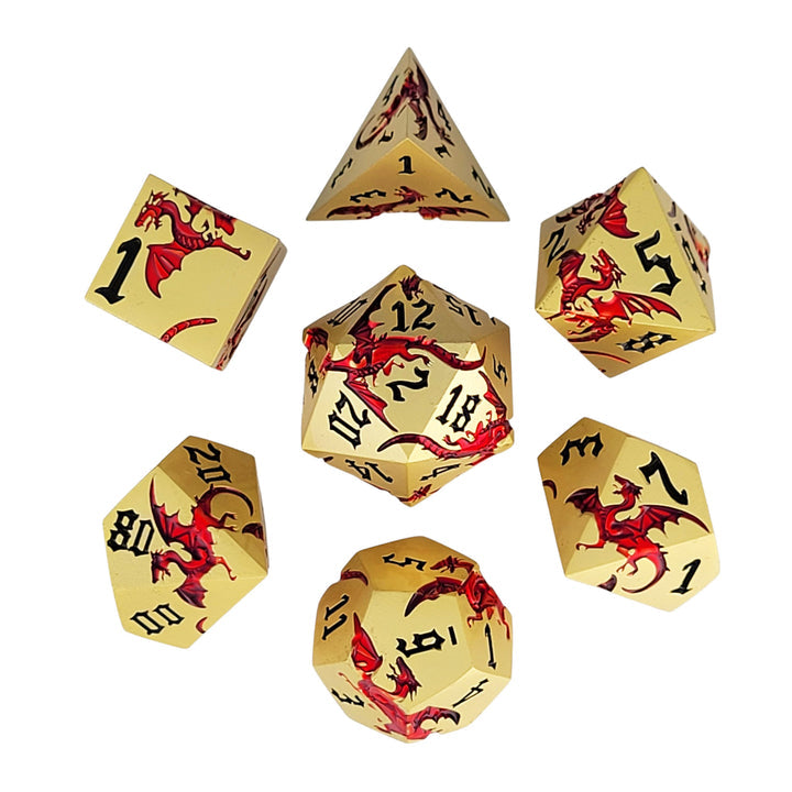 Forged Dice: "Dragon Attack” (Gold/Red) Set of 7 Metal Dice