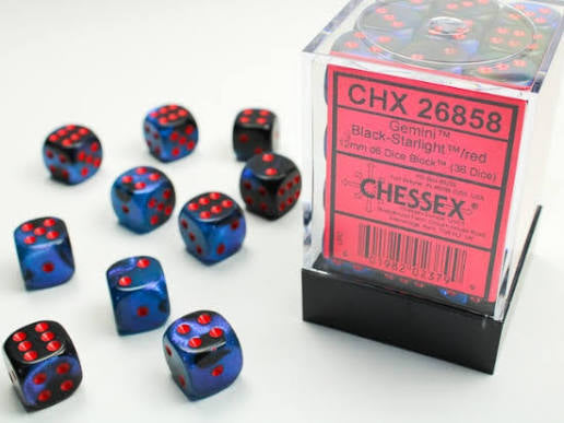 Chessex 12mm d6 block - Black-Starlight/red