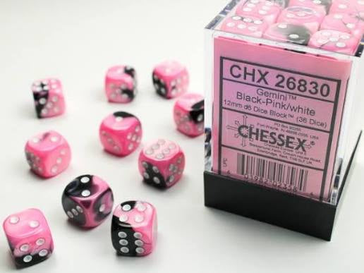 Chessex 12mm d6 block - Gemini Plasma Green - Black-Pink/White