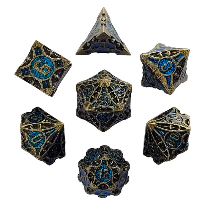 Forged Dice: "Arcane Enigma" (Gold/Blue) Set of 7 Metal Dice