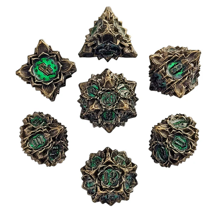Forged Dice: "Gothic Bouquet" (Gold/Green) Set of 7 Metal Dice