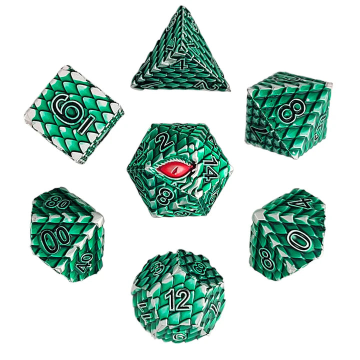 Forged Dice: "Dragon's Gaze" (Green/Silver) Set of 7 Metal Dice