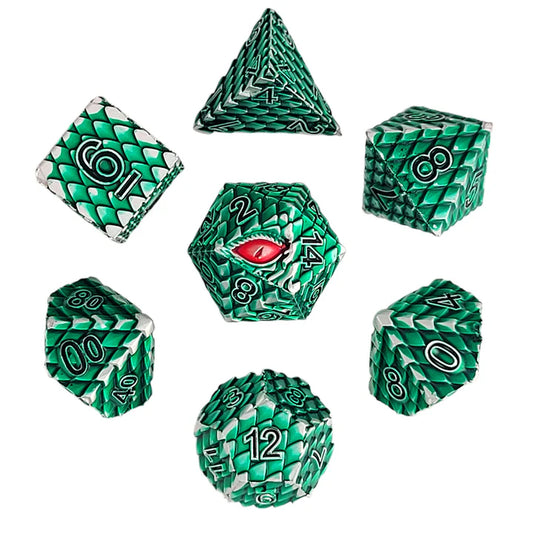 Forged Dice: "Dragon's Gaze" (Green/Silver) Set of 7 Metal Dice