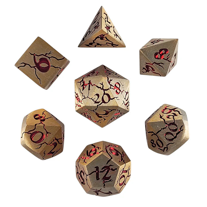 Forged Dice: "Cracked" (Gold/Red) Set of 7 Metal Dice