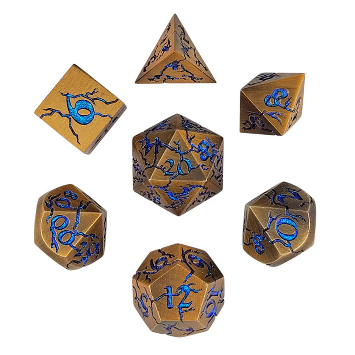 Forged Dice: "Cracked" (Bronze/Blue) Set of 7 Metal Dice
