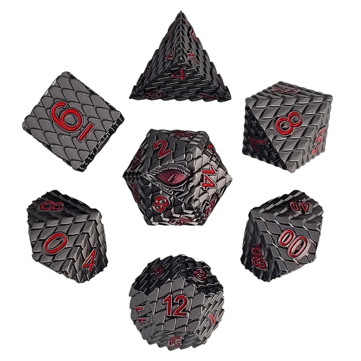 Forged Dice: "Dragon's Gaze" (Gunmetal/Red) Set of 7 Metal Dice