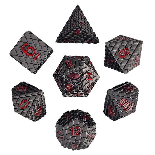Forged Dice: "Dragon's Gaze" (Gunmetal/Red) Set of 7 Metal Dice