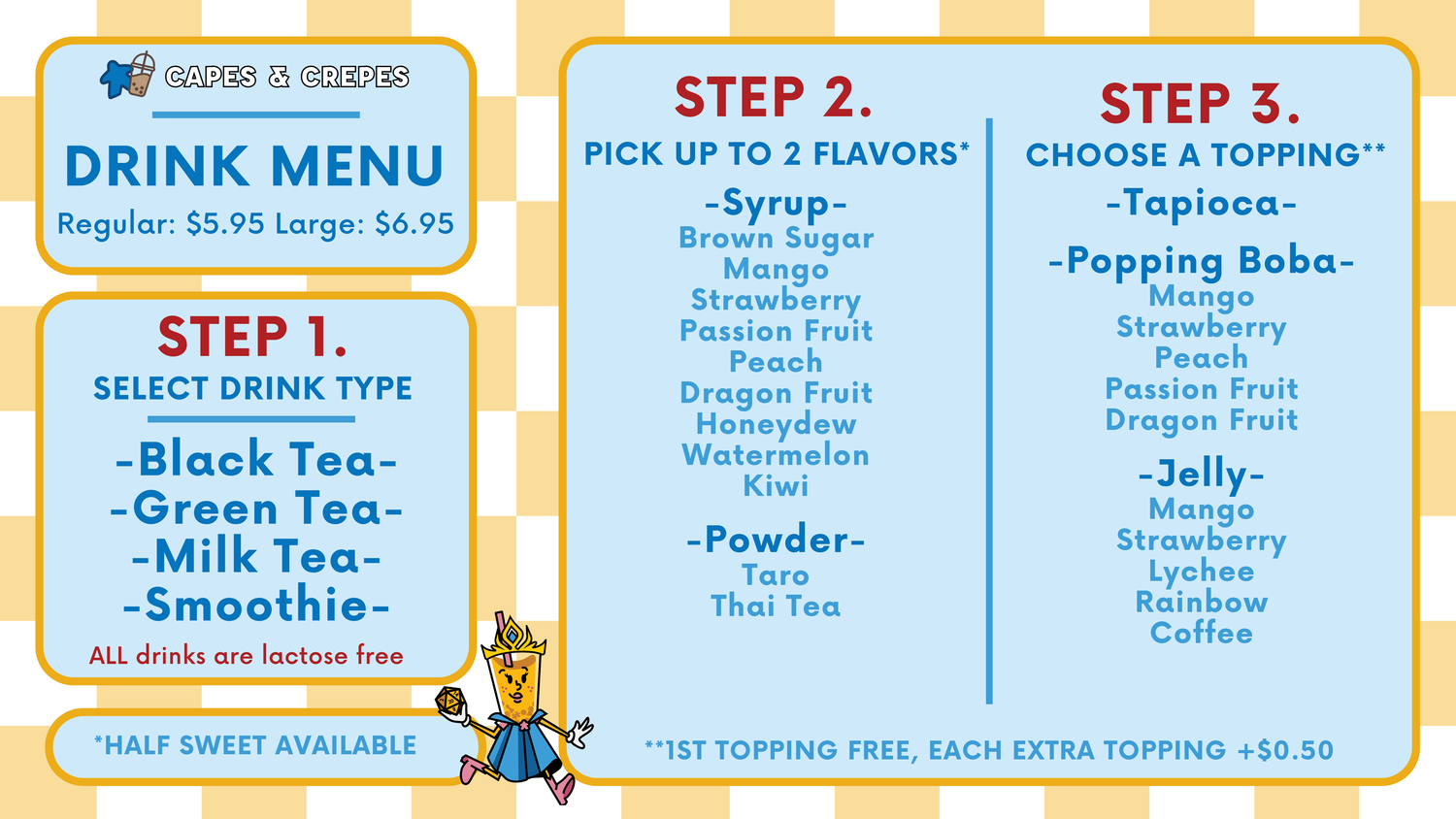 Drink Menu - regular $5.95, large $6.95