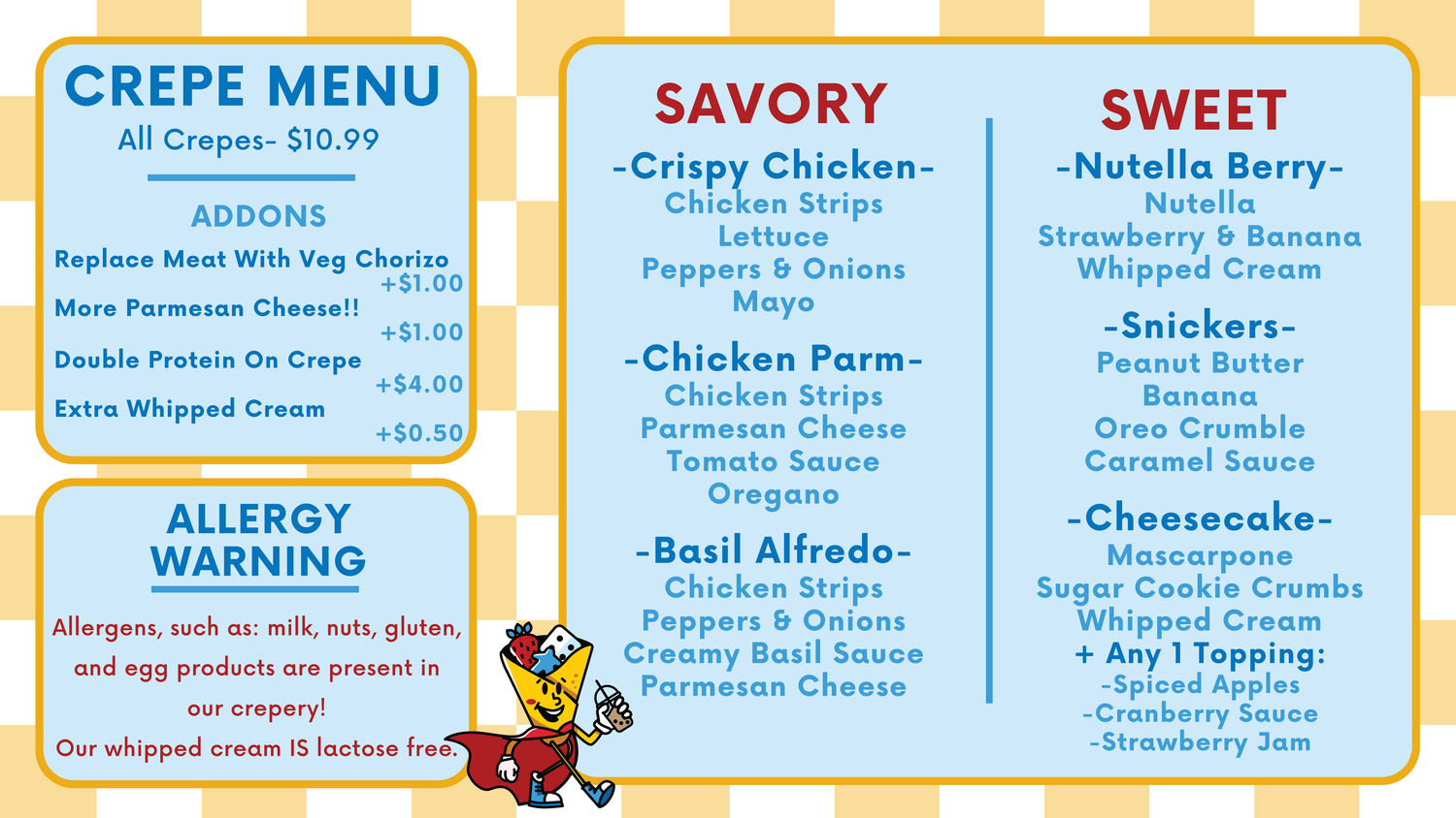 Crepe Menu - all crepes $10.99