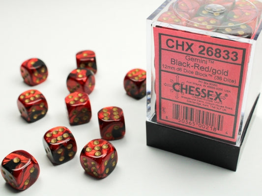 Chessex: 36pc 12mm d6 Dice Block - Gemini Black-Red/Gold