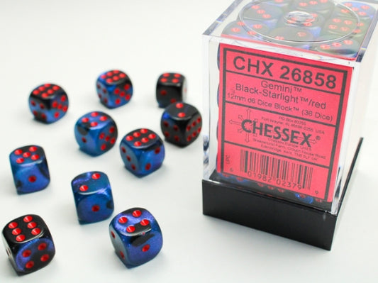 Chessex 16mm d6 block - Black-Starlight/red