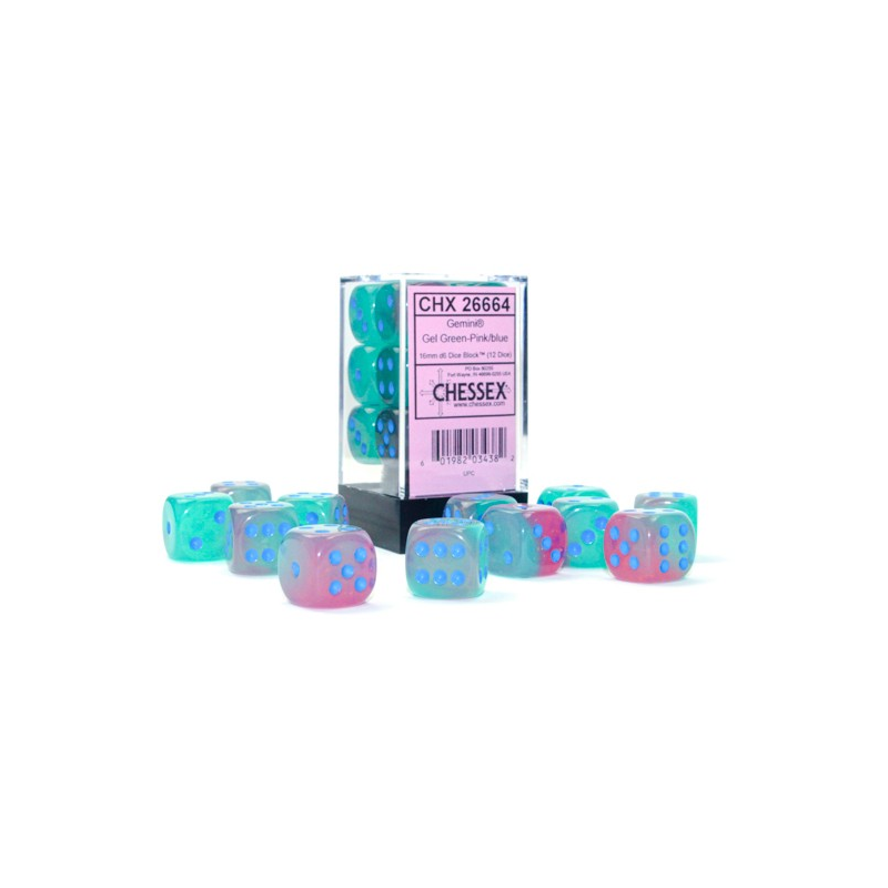 Chessex Gemini Gel Green-Pink/Blue 16mm d6 dice block