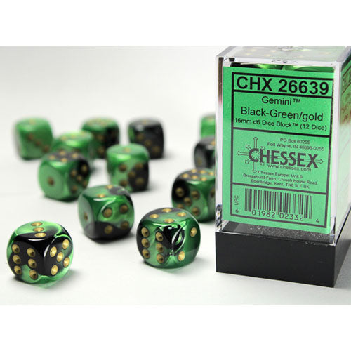 Chessex: 12pc 16mm d6 Dice Block - Gemini Black-Green/Gold