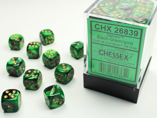 Chessex: 12mm Gemini Black-Green/Gold Dice Block