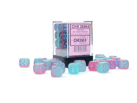 Chessex: 36pc 12mm d6 Dice Block - Gemini Gel Green-Pink/Blue Luminary