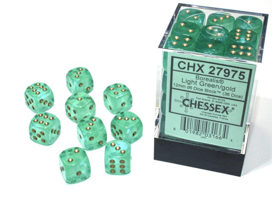 Chessex: 36pc 12mm d6 Dice Block - Borealis Light Green/Gold Luminary