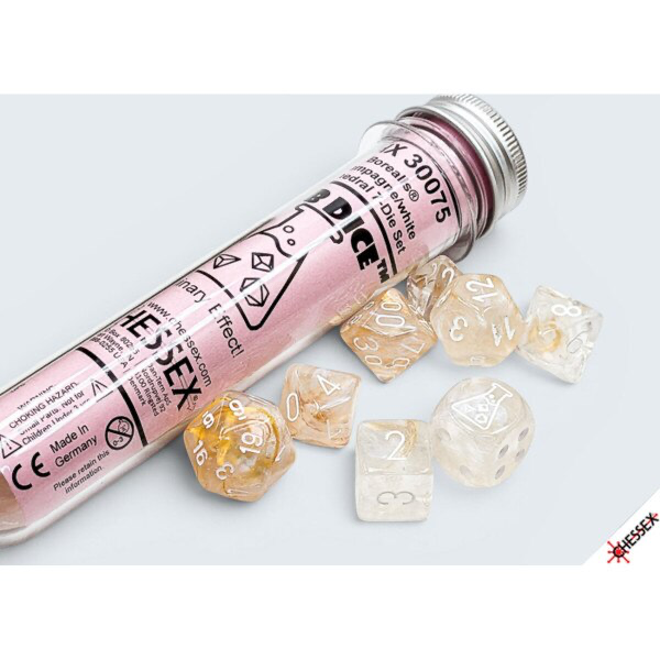 Chessex: 8pc Polyhedral Lab Dice Set - Borealis Champagne/White